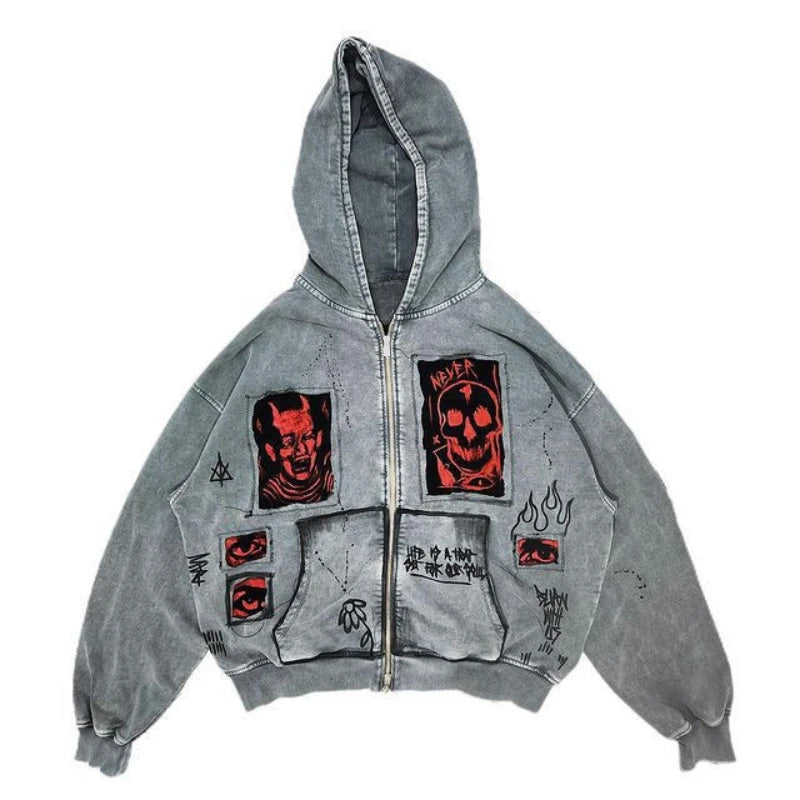 European and American street Y2K devil print fashion trend Harajuku heavyweight men's and women's loose hooded hoodie Y2K EMO