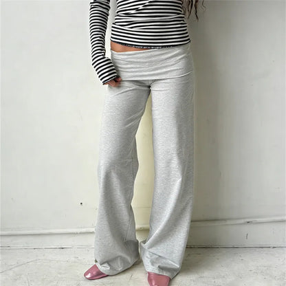 Women Wide Leg Pants Solid Color Fold Over Waist Casual Trousers Spring Fall Loose Sweatpants Bottoms Y2K Streetwear