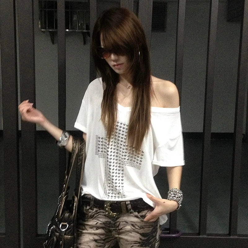 Karrram Japanese Y2k Metal Cross Print T-shirt Trashy 2000s V-neck Sheer Tops Vintage Harajuku Short Sleeve Streetwear Grunge