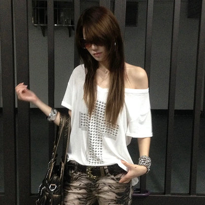Karrram Japanese Y2k Metal Cross Print T-shirt Trashy 2000s V-neck Sheer Tops Vintage Harajuku Short Sleeve Streetwear Grunge