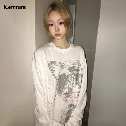 Karrram Japanese Y2k Anime Print T-shirt 2000s Korean Style Long Sleeve T Shirt Vintage Harajuku Cutecore White Tops Kawaii 00s