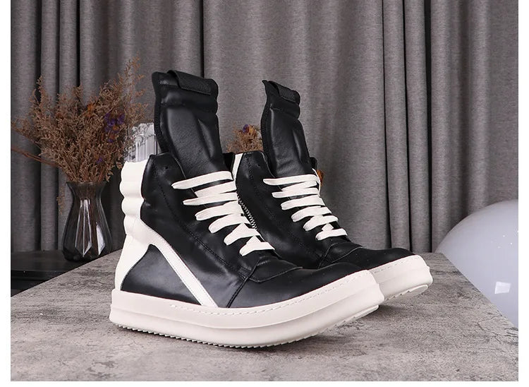 Fashion Men's Casual Shoes Inverted Triangle Design Leather Shoes for Women Black Solid Women's Sneakers Lace-up Men's Shoes