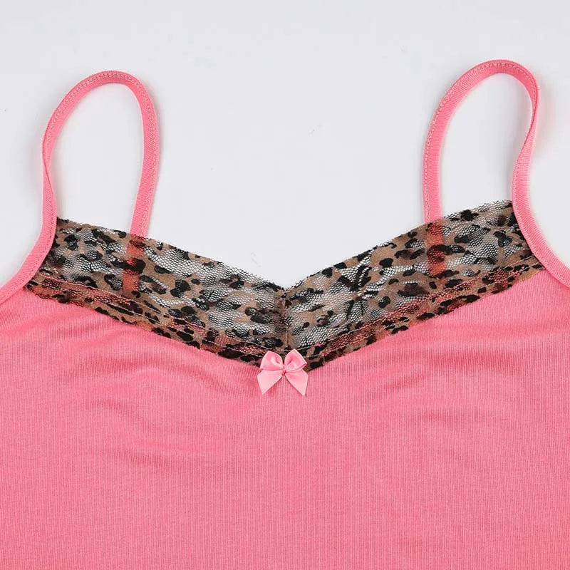 Vintage Leopard Print Stitched Crop Top Women Casual Sleeveless Cute Bow Patchwork Strap Tees y2k Summer Crop Tops Ladies