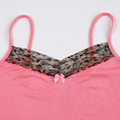 Vintage Leopard Print Stitched Crop Top Women Casual Sleeveless Cute Bow Patchwork Strap Tees y2k Summer Crop Tops Ladies
