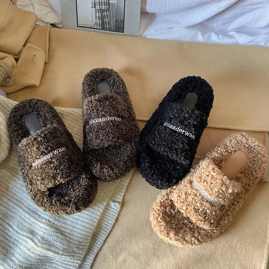 Thick Soled Plush Slippers for Autumn and Winter Versatile and Cute Fashionable and Small Waist Cotton Slippers for Home Use
