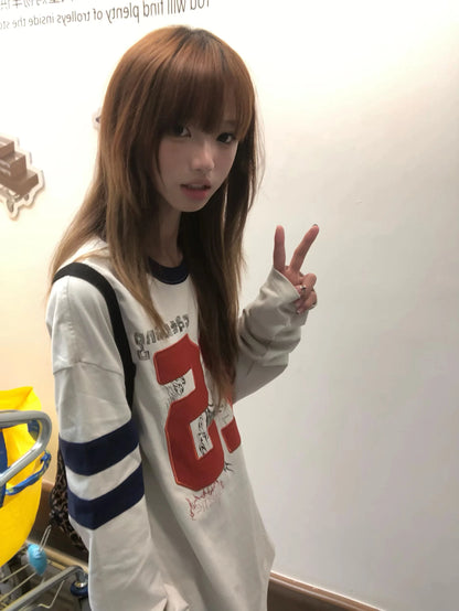 Karrram Japanese Y2k Number Print T-shirt 2000s Aesthetics Long Sleeve Jersey Tops Vintage Harajuku Streetwear American Retro