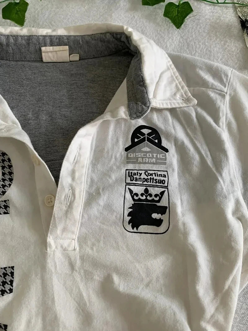 Y2K Japanese Streetwear Polo Shirt Women Slim Crop Tee 2025 White Short Sleeve Tops Letter Badge Houndstooth Vintage Harajuku