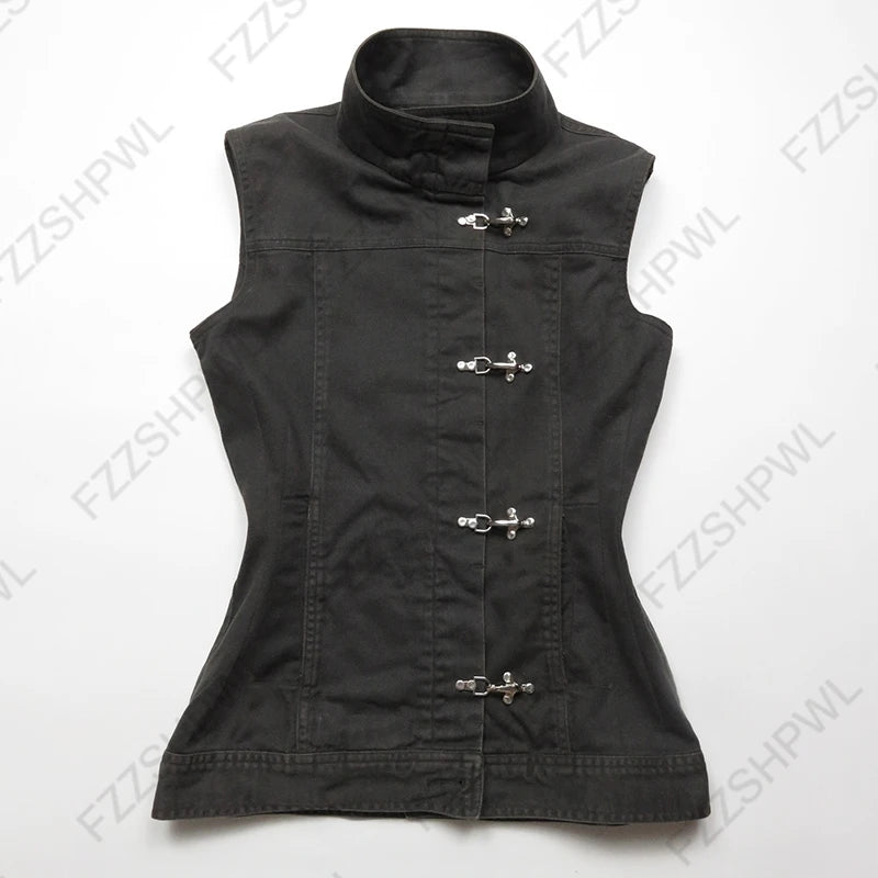 Y2K Vintage Aesthetics Women's Blouse Sexy Slim Fit Chic Button Design High-Neck Short-Sleeve T-Shirt Fashion Female Streetwear