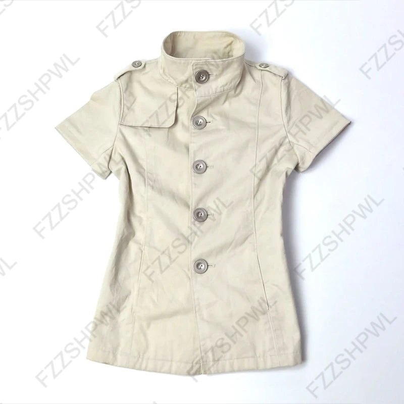 Y2K Vintage Aesthetics Women's Blouse Sexy Slim Fit Chic Button Design High-Neck Short-Sleeve T-Shirt Fashion Female Streetwear