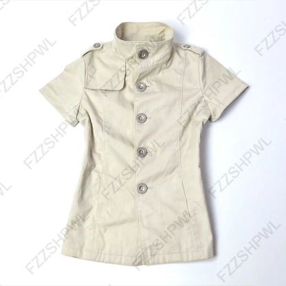Y2K Vintage Aesthetics Women's Blouse Sexy Slim Fit Chic Button Design High-Neck Short-Sleeve T-Shirt Fashion Female Streetwear