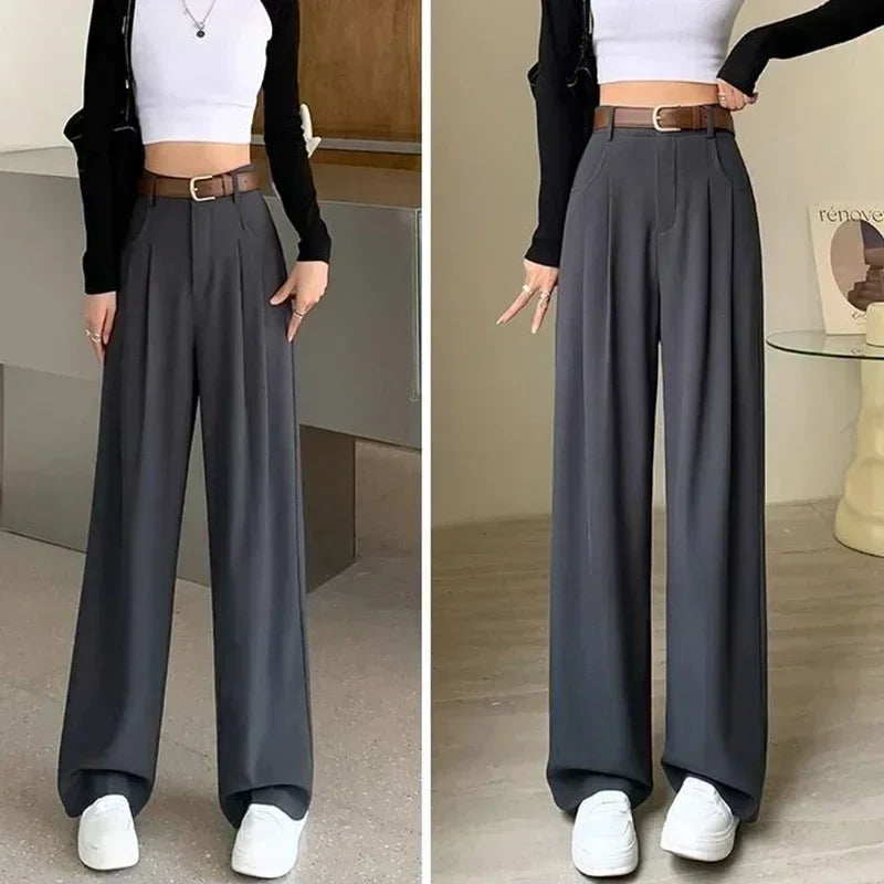 Women Fashion Suit Pants Lady Breathable Baggy High Waist Wide Leg Summer Trousers Lady Straight Leg Black Coffee Classic Pants