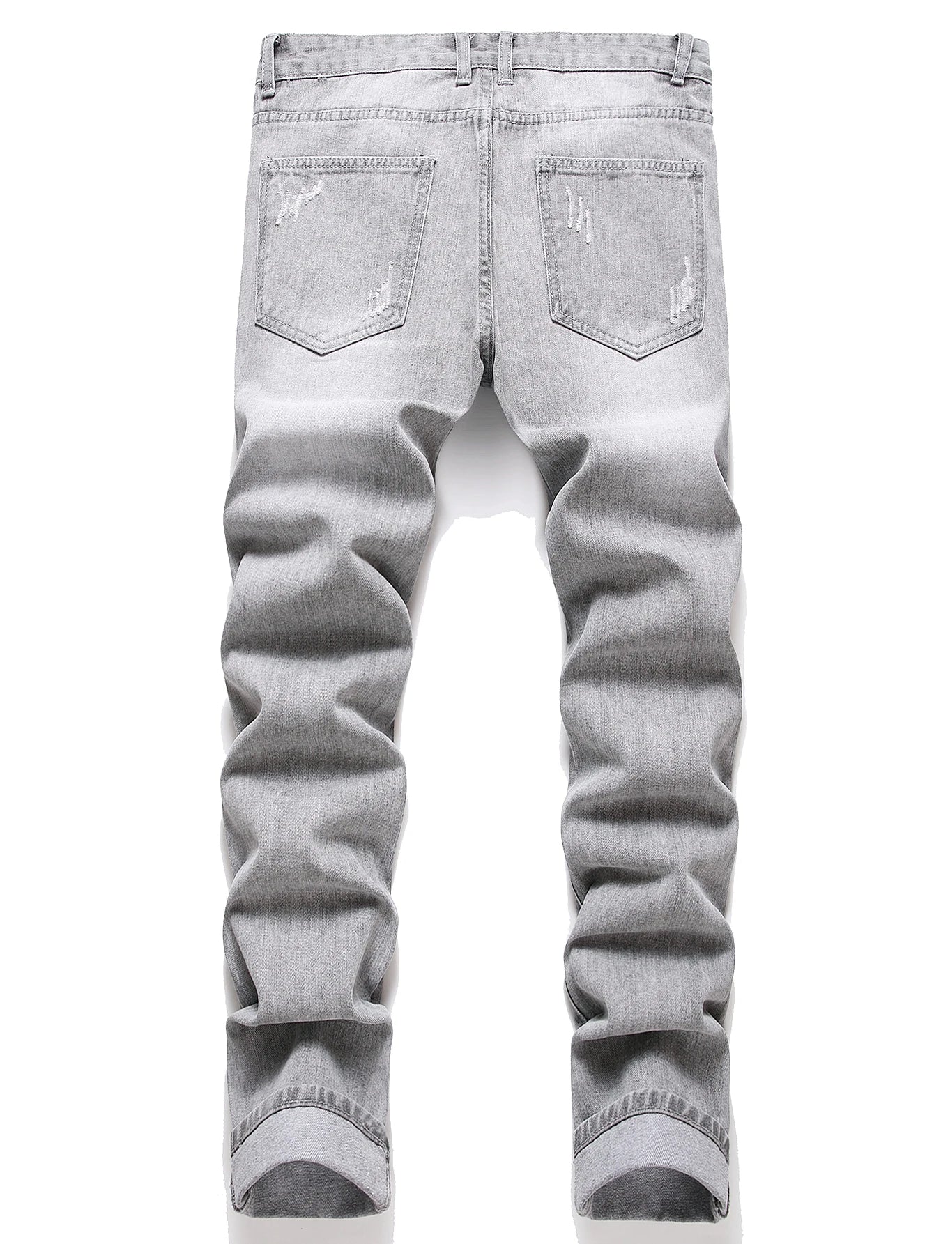 Y2K Men's Jeans - Fashionable Gray Mid-Rise Straight-Leg, Ripped Embroidered Vintage Washed Street Denim