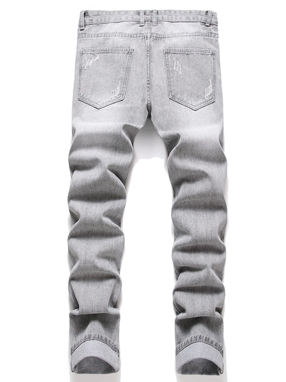 Y2K Men's Jeans - Fashionable Gray Mid-Rise Straight-Leg, Ripped Embroidered Vintage Washed Street Denim