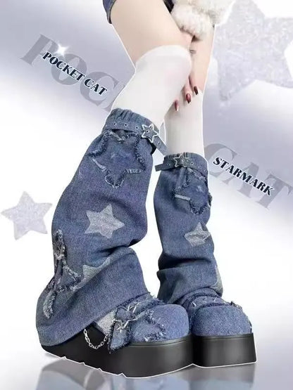 2024 New Y2K Star Print Chunky Platform Ankle Boots Women Metal Chain Blue Denim Boots Woman Cute Thick Bottom Jk Lolita Shoes