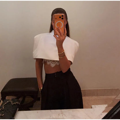 Elegant Cropped Shawl Tops Women's Short Sleeves Stand Collar Coat With Shoulder Pad 2026 New Ladies Spring Summer Solid Outwear