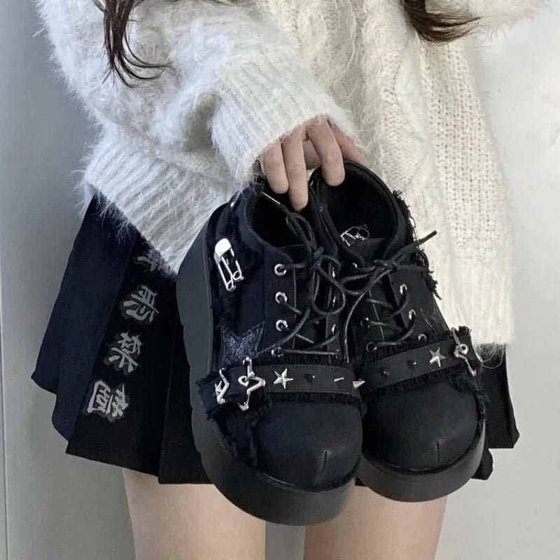 2024 New Y2K Star Print Chunky Platform Ankle Boots Women Metal Chain Blue Denim Boots Woman Cute Thick Bottom Jk Lolita Shoes