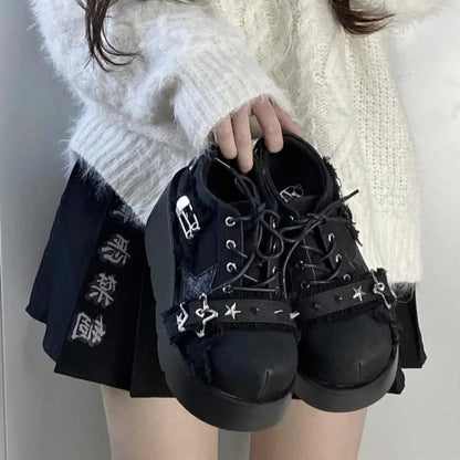 2024 New Y2K Star Print Chunky Platform Ankle Boots Women Metal Chain Blue Denim Boots Woman Cute Thick Bottom Jk Lolita Shoes
