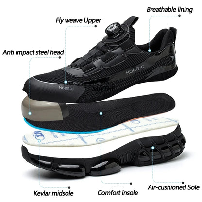 Men's Work Shoes  Rotary Buckle Work Sneakers Protective Shoes Safety Industrial Puncture-Proof Anti-Smash Steel Toe Shoes