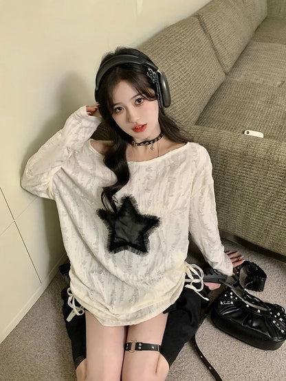 Hole Star Loose Y2K T Shirt Women O Neck Drawstring Long Sleeve Tees Fashion Streetwear Kpop Pullover Tops Female T-shirts