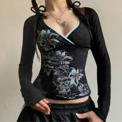 American retro contrasting color V-neck printed spicy girl slim fit T-shirt autumn Y2K Harajuku style punk sexy backless top