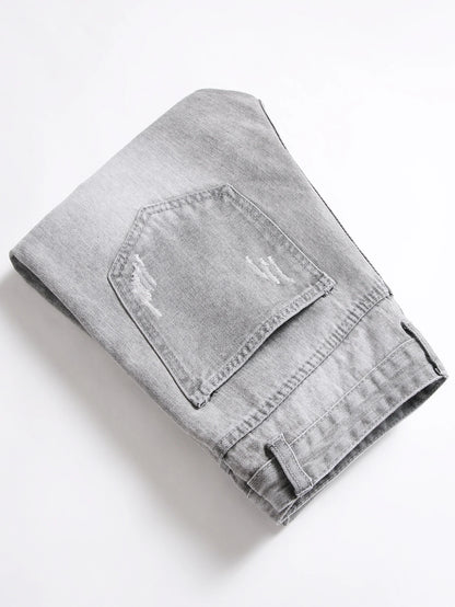 Y2K Men's Jeans - Fashionable Gray Mid-Rise Straight-Leg, Ripped Embroidered Vintage Washed Street Denim