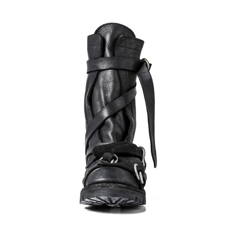 Yamamoto Style Dark Retro Vintage Motorcycle Boots Men's Real Leather Strap Boots Short Tube Belt Buckle Wasteland Fashion Shoes