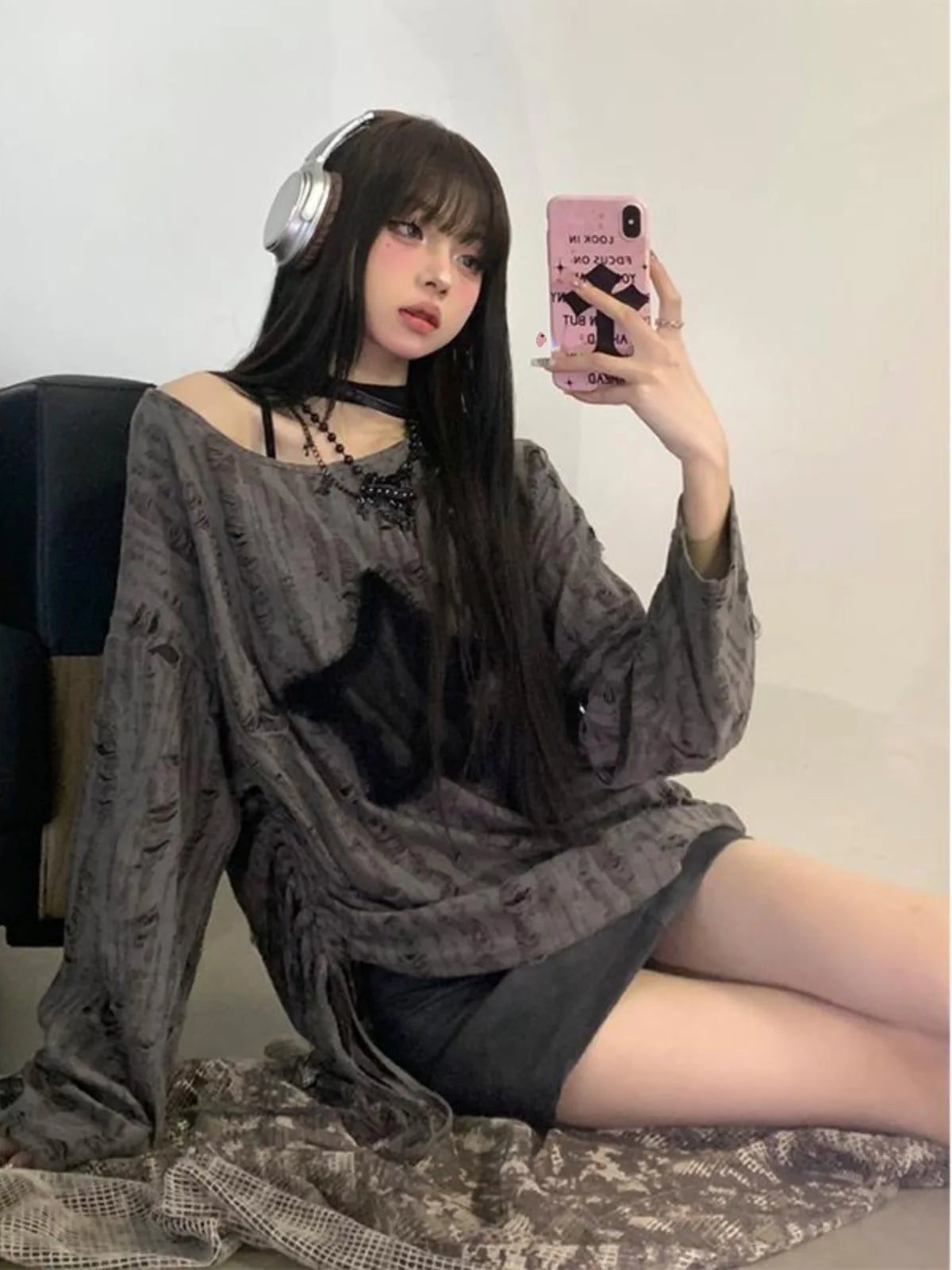 Hole Star Loose Y2K T Shirt Women O Neck Drawstring Long Sleeve Tees Fashion Streetwear Kpop Pullover Tops Female T-shirts