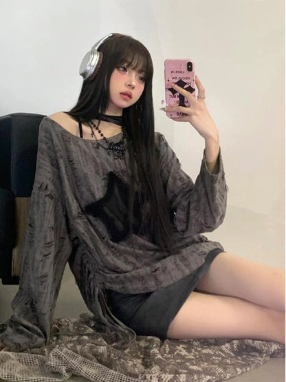 Hole Star Loose Y2K T Shirt Women O Neck Drawstring Long Sleeve Tees Fashion Streetwear Kpop Pullover Tops Female T-shirts