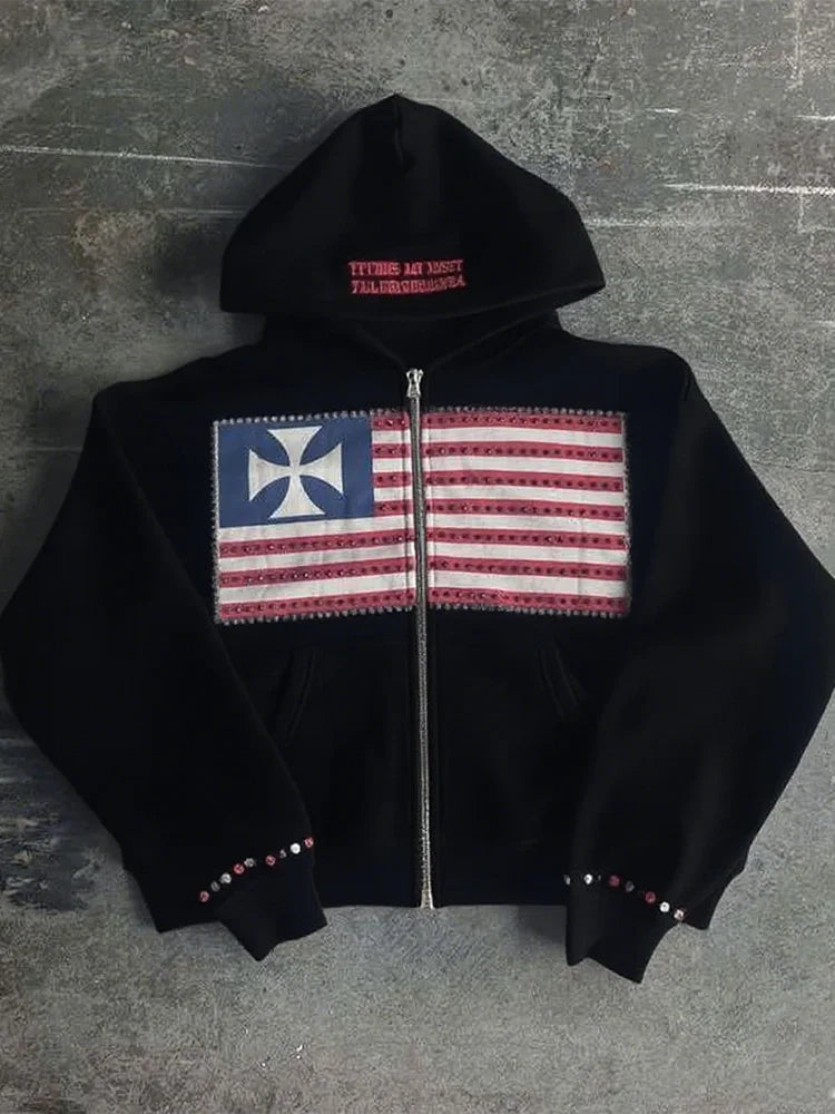 Autumn new national flag minimalist design color collision pattern men hooded sweatshirt Harajuku Y2k loose zipper sweatshirt