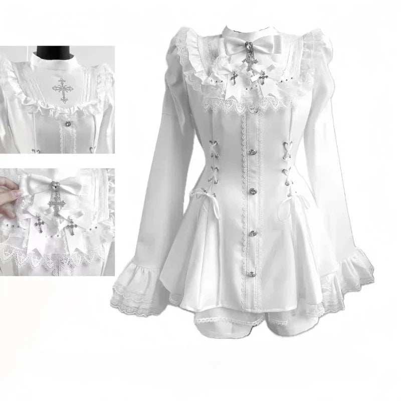 Japanese Style Lolita Sweet Dress Set 2026 New Vintage Plaid Cute Bow Short Sleeved Tops Jk Casual Y2k Shorts Girls Kawaii Set