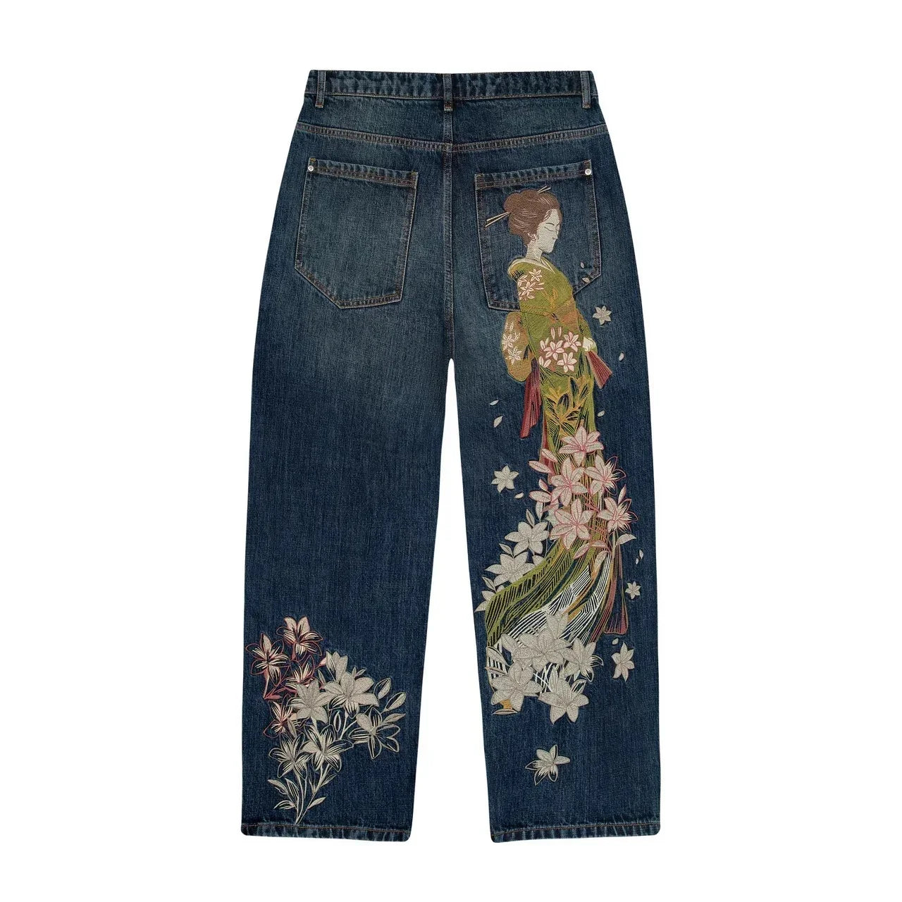 Y2K Two Piece Cherry Blossom Selvedge Embroidery oversized Hoodie Sweatshirt denim fabric American Hip hop Streetwear Pants Set