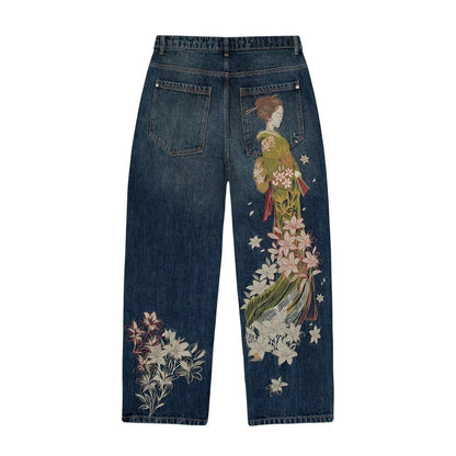 Y2K Two Piece Cherry Blossom Selvedge Embroidery oversized Hoodie Sweatshirt denim fabric American Hip hop Streetwear Pants Set