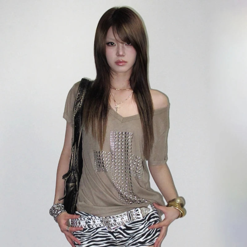 Karrram Japanese Y2k Metal Cross Print T-shirt Trashy 2000s V-neck Sheer Tops Vintage Harajuku Short Sleeve Streetwear Grunge