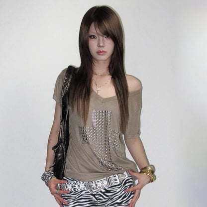 Karrram Japanese Y2k Metal Cross Print T-shirt Trashy 2000s V-neck Sheer Tops Vintage Harajuku Short Sleeve Streetwear Grunge