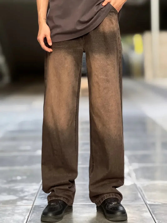 Oversized Distressed Brown Denim Jeans for Men - Y2K Retro Street Style Trousers