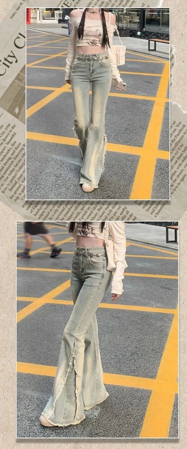 Women Vintage Blue Jeans High Waist American Retro 90s Raw Material Edge Design Y2k Denim Pants Streetwear Wide Leg Jeans