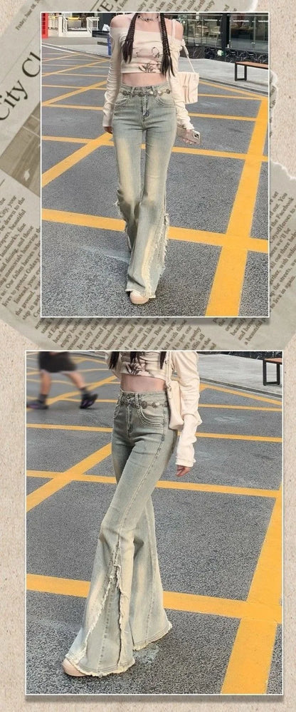 Women Vintage Blue Jeans High Waist American Retro 90s Raw Material Edge Design Y2k Denim Pants Streetwear Wide Leg Jeans