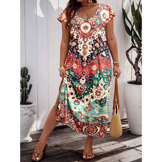 【New style】Random Printed Plus Size Round Neck Vintage Summer Dress For New Year Clothes Maxi Women Outfit Western Wear