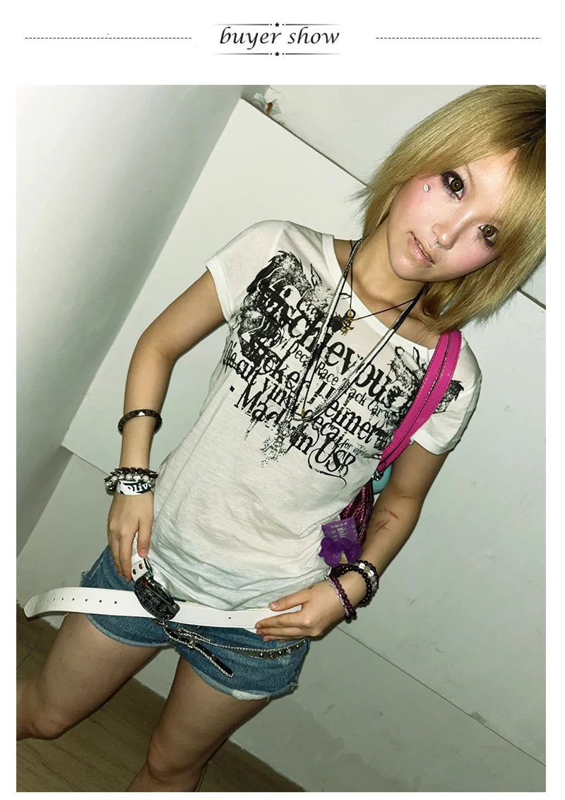 Karrram Japanese Y2k Letter Print T-shirt Trashy 2000s Style Tattoo T Shirt Vintage Harajuku Short Sleeve Sheer Tops Grunge Goth