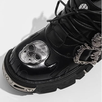Cowhide Rock Flame Trend Carving Dark Punk Small Leather Skull Design Low-top Gothic Thick-soled Single Shoes
