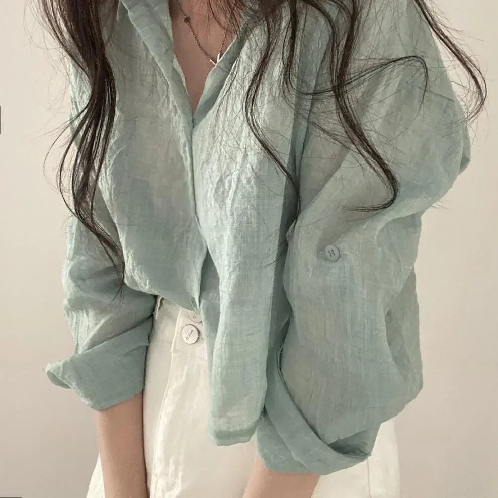 Trendy Shirt Blouse Simple Thin Pure Color Anti-UV Shirt Anti-fade Shirt Top Women Solid Color Sun Protection Shirt Streetwear