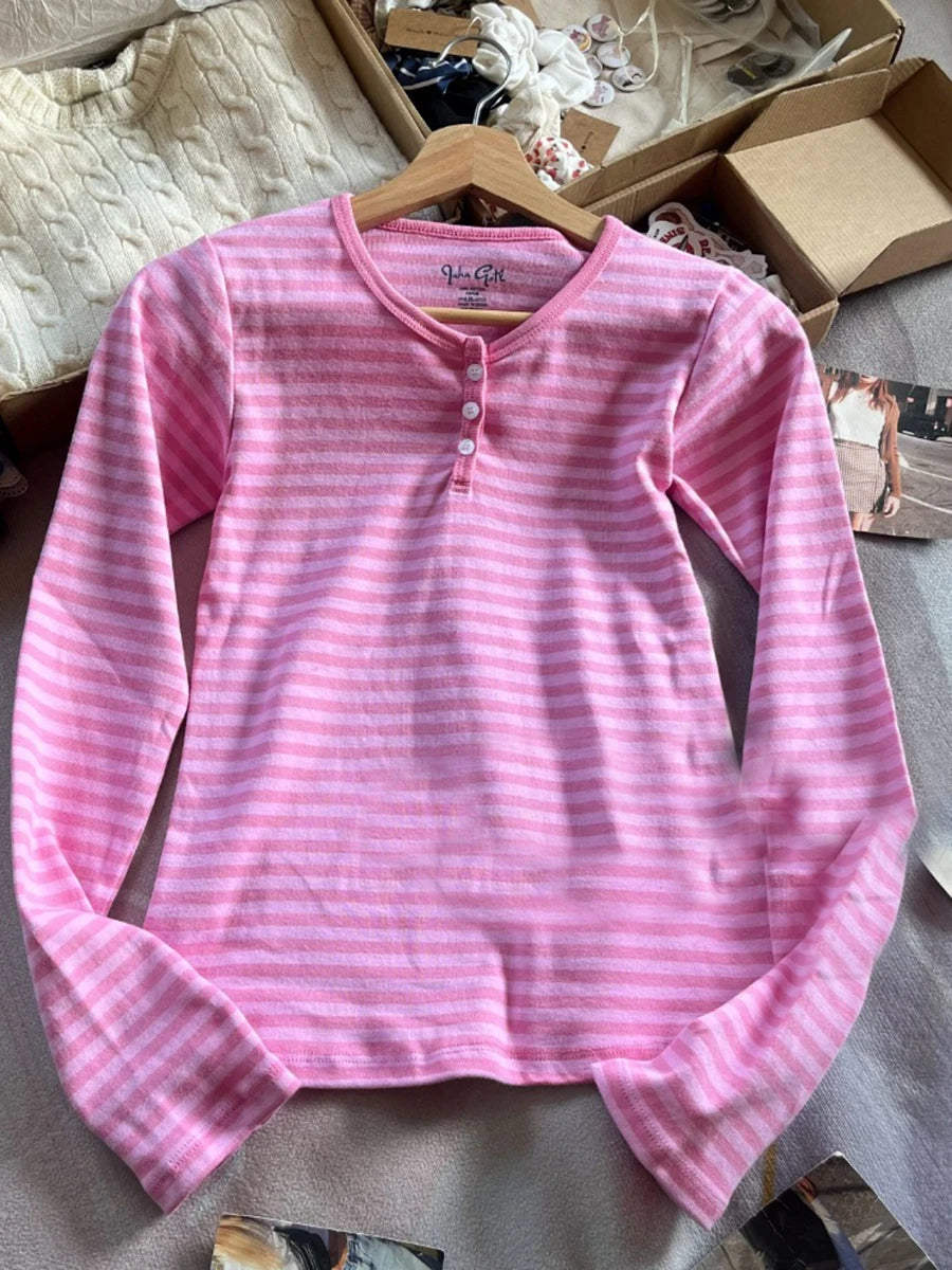 Pink Striped Slim Long Sleeve Tees Women Spring Casual Cotton O-neck Tshirt New Tops Clothes Sweet Cute  Vintage T-shirts Y2K