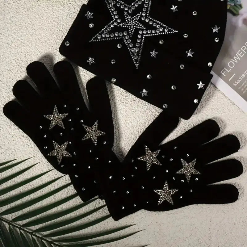 Autumn Winter Knitted Hat And Gloves with Embellished Rhinestones Acrylic Material Warm Fashionable Two-piece Ensemble