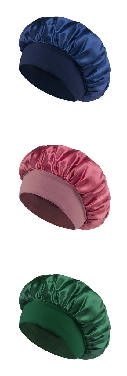 Women Satin Bonnet Hair Bonnet for Sleeping Hair Care Silk Bonnets Solid Wide-brimmed Sleeping Hat with Elastic Soft Band