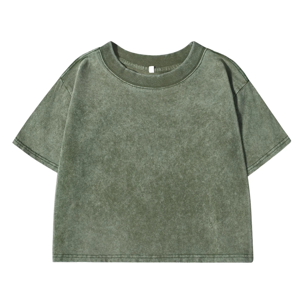Solid Slim Washed T-Shirt Female Fashion Soft Cotton Streetwear Casual Sport Short Sleeve Cool Retro Crop Clothing For Women