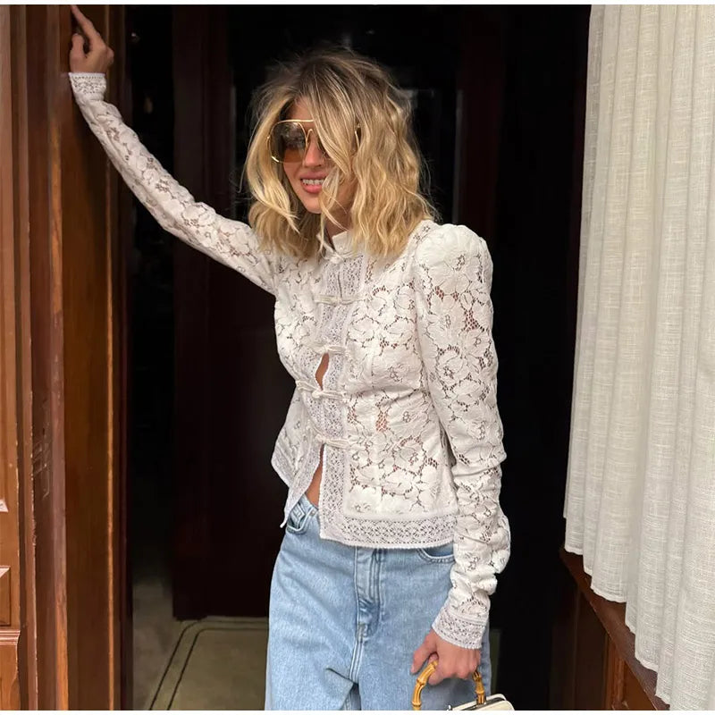 White Lace Printed Shirts Tops Women Full Sleeve Hollow Out Single Breasted Patchwork Blouse 2026 Lady Fashion Shrug Shirts New