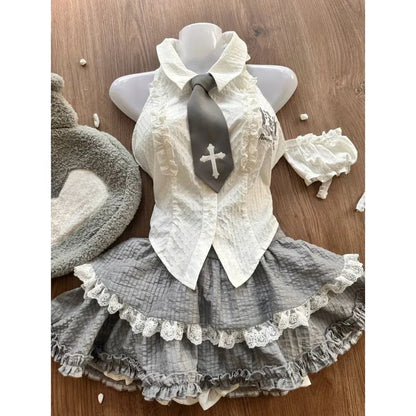 Vintage 3 Piece Skirt Suit Women Kawaii Ruffles Cardigan Outwear Bodycon Vest Blouse + Slim Y2k Skirts Evening Party Lolita Sets