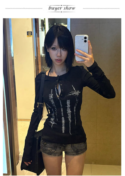 Karrcat Grunge Aesthetics Tattoo Print Knitted Tops Trashy Y2k Long Sleeve Knit T-shirt Vintage Gothic Button Top American Retro