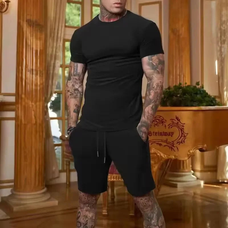 2025 Fashionable and casual summer outdoor sports suit men's breathable T-shirt shorts casual and fashionable two-piece set