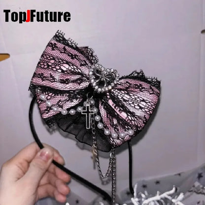 heavy industry Gothic Lolita cosplay  black pink Lolita lovely Japanese girl Harajuku subculture bow lace love pearl headband